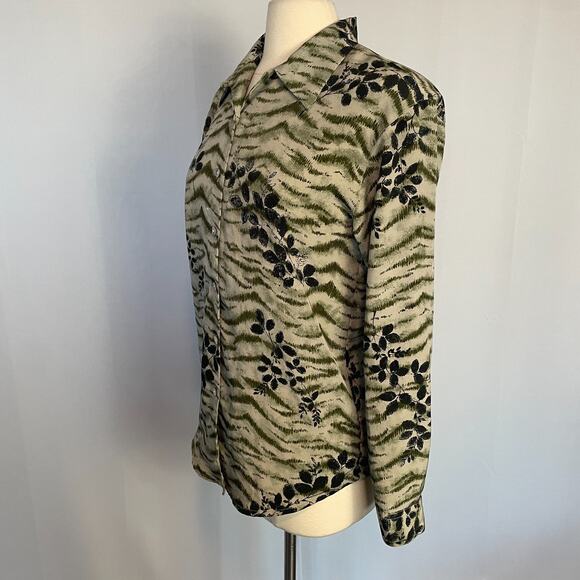 Vintage Blouse Top Size Small Olive Green Boho Leaf Print Long Sleeve Button - Picture 7 of 13